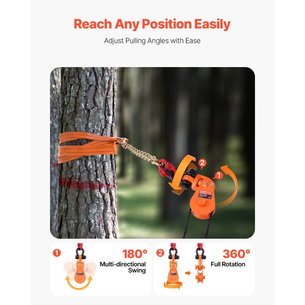 2 ton pulley with G80 chain, swivel shackle, 74mm pulley for 3/8" wire rope, forestry winch for towing and recovery applications on flatbed trailers and rollback tow trucks