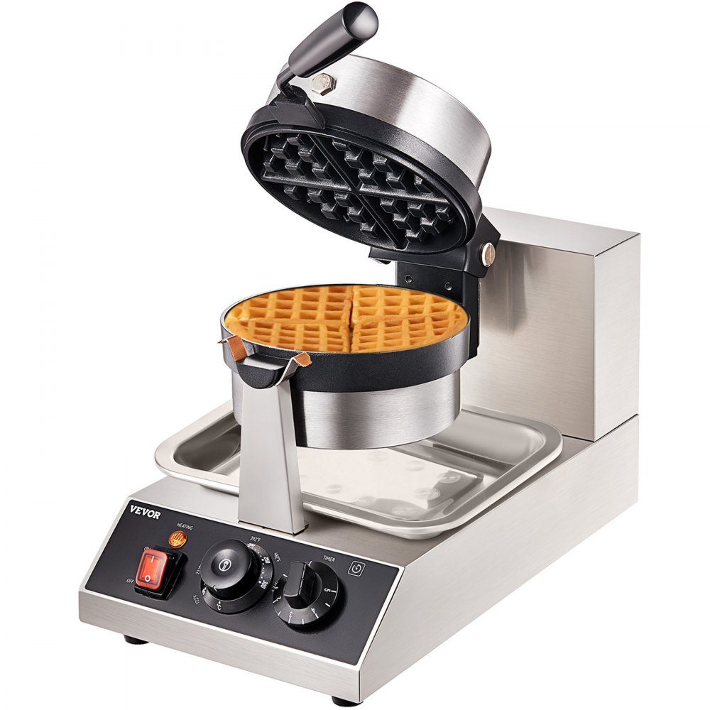 Round waffle iron waffle 1300 W, contact grill Belgian waffle iron 4 pieces. Stainless steel waffle machine including food clip, brushes and anti-scald handle, for cafes, restaurants etc