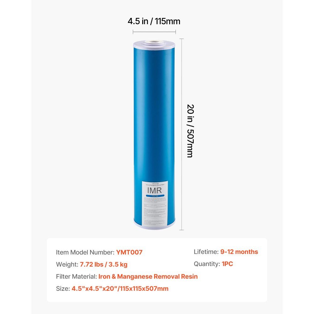 Wymienny wkład do filtra wody 115 x 507 mm Wymienny filtr redukujący żelazo i mangan do 3-stopniowego systemu filtrów wody Redukuje chlor, nieprzyjemny smak i zapach