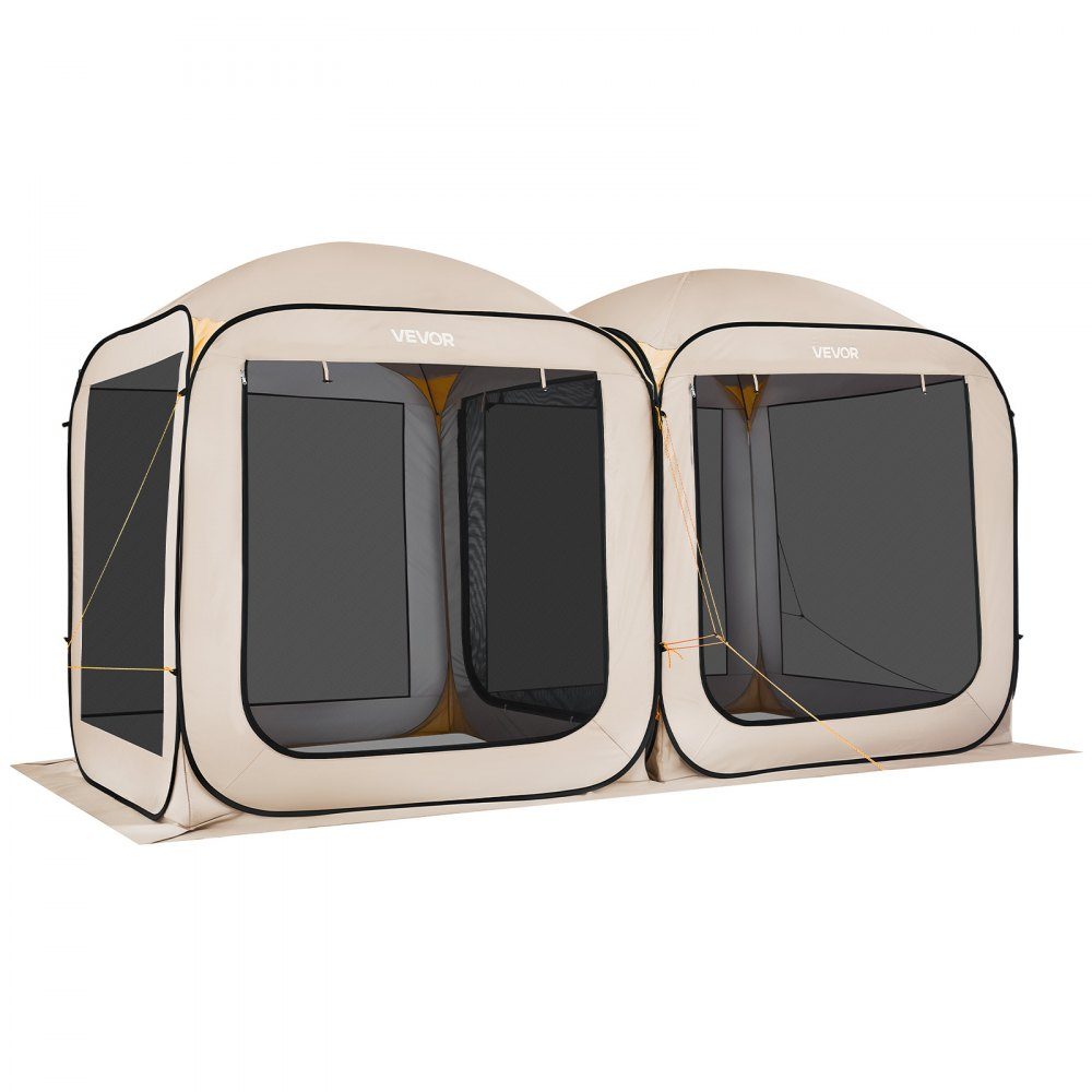 Tente de camping 144" x 72" 2 en 1 Tente de fête portable avec sac de transport, parois latérales en maille et piquets de sol pour jardin, terrasse et activités de plein air, Beige