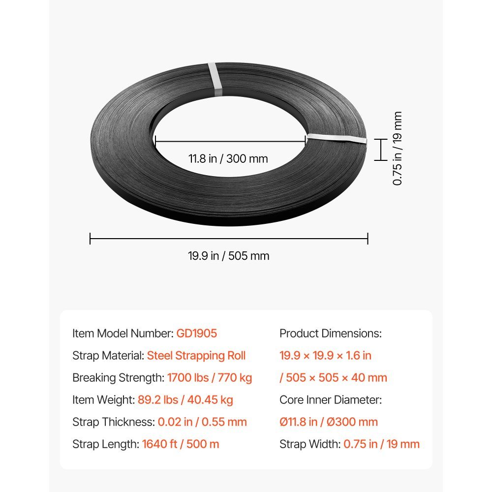Umreifungsstahlband, 19 mm x 55 mm x 500 m, Verpackungsstahlband, Metallbandrolle, Stahlband, 770 kg Bruchfestigkeit, Stahlband, Hochleistungsbandrolle für Palettenverpackungen