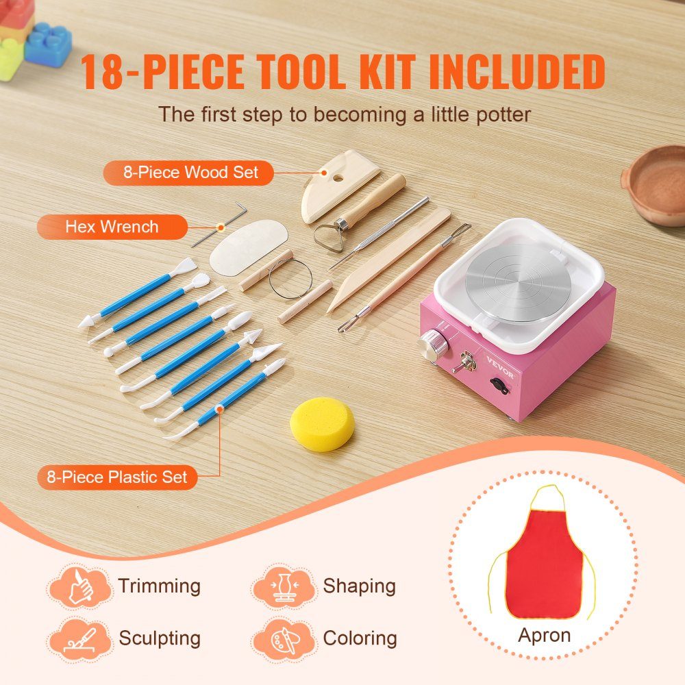 Mini Pottery Wheel 0-320RPM Adjustable Speed ​​Detachable Basin Molding Machine 2.5"/3.9" 2 Turntables Electric Ceramic Pottery Wheel 18 Pieces Accessories for Arts and Crafts DIY Pink