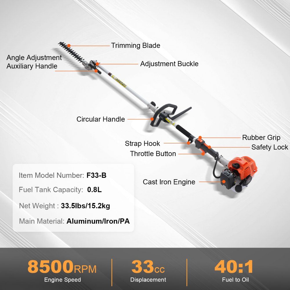 6-in-1 hedge trimmer petrol hedge trimmer 33CC long handle hedge trimmer 0.8L