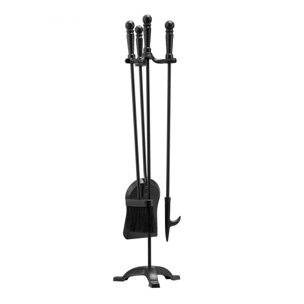 Kaminbesteck-Set, 4-teiliges Herdbesteck-Set, inklusive dreizackigem Ständer, Ascheschaufel, Besen, Schürhaken, schmiedeeisernes Kaminzubehör für Lagerfeuer im Innen- und Außenbereich, Schwarz