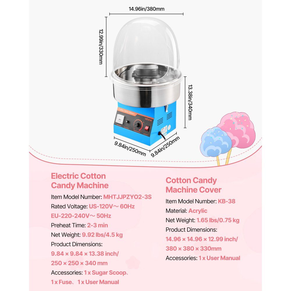 Electric Cotton Candy Machine 1000W, Cotton Candy Machine with Lid & Stainless Steel Bowl & Sugar Spoon, Ideal for Carnival, Birthdays, Family Gatherings, Cotton Candy Machine Blue