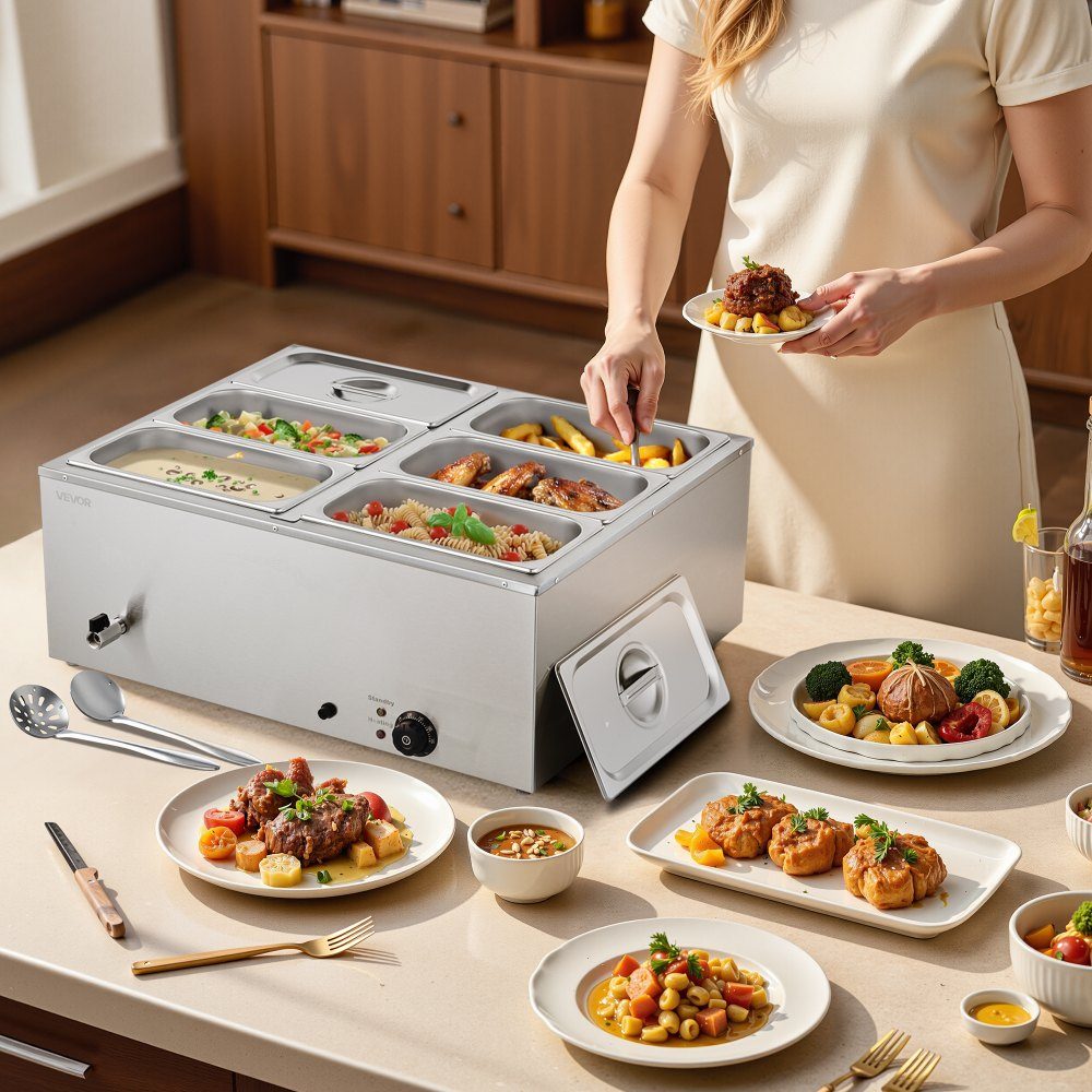 Réchauffeur de nourriture commercial (6 récipients de taille 1/3), récipient chauffant électrique en acier inoxydable de 1,5 kW avec couvercle et louche à soupe, ensemble de réchauds pour restauration, restaurant, fête