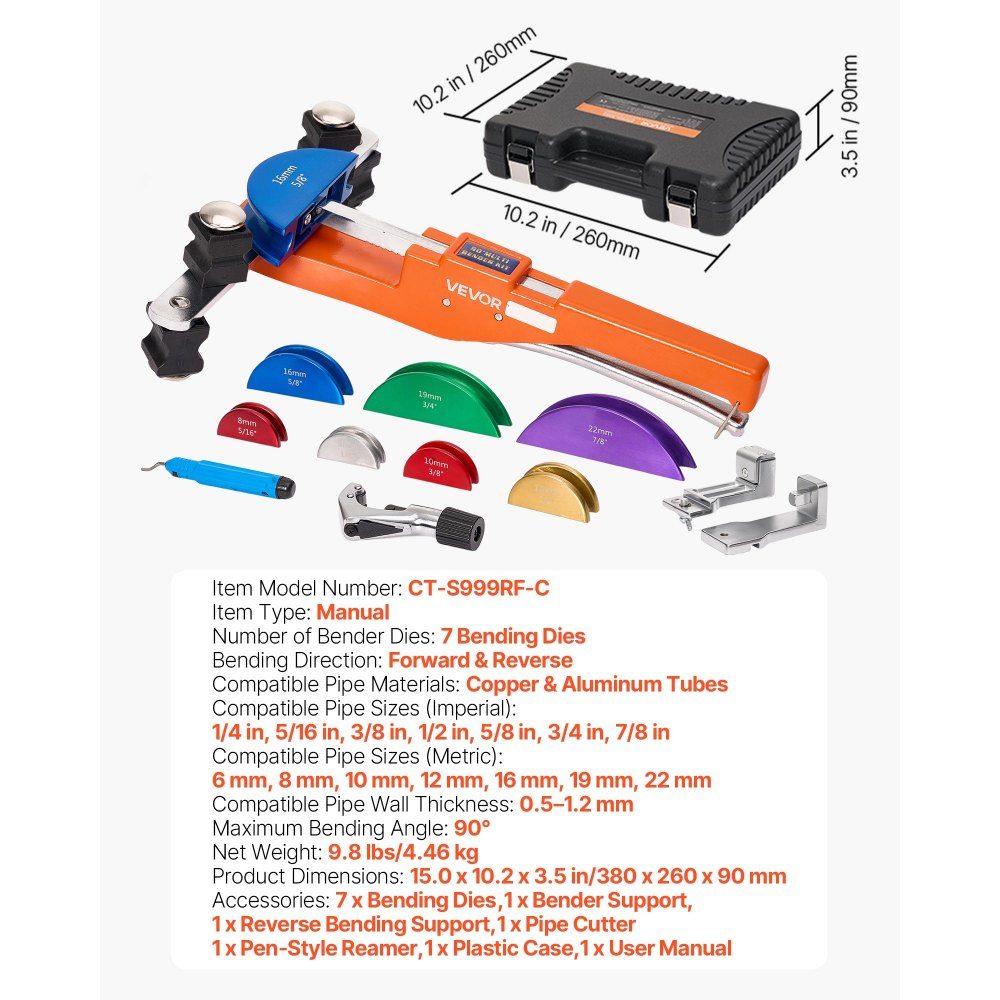 Pipe Bender 6-22mm Pipe Bender 90° Forward/Reverse Hand Bending Tool Bending Machine with 7 Color Aluminum Alloy Jaws for Copper Pipes in Air Conditioning and Refrigeration