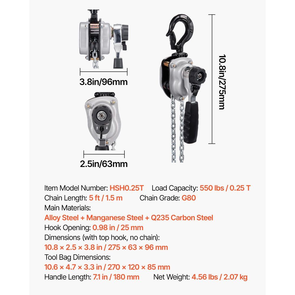 Mini Lever Hoist, 1/4 Ton Capacity Hand Chain Hoist, 1.5m Lift, G80 Steel Alloy Chain with Double Pawl Mechanical Brake, Chain Hoist with 360° Swivel Hooks, for Warehouse, Construction, Garage