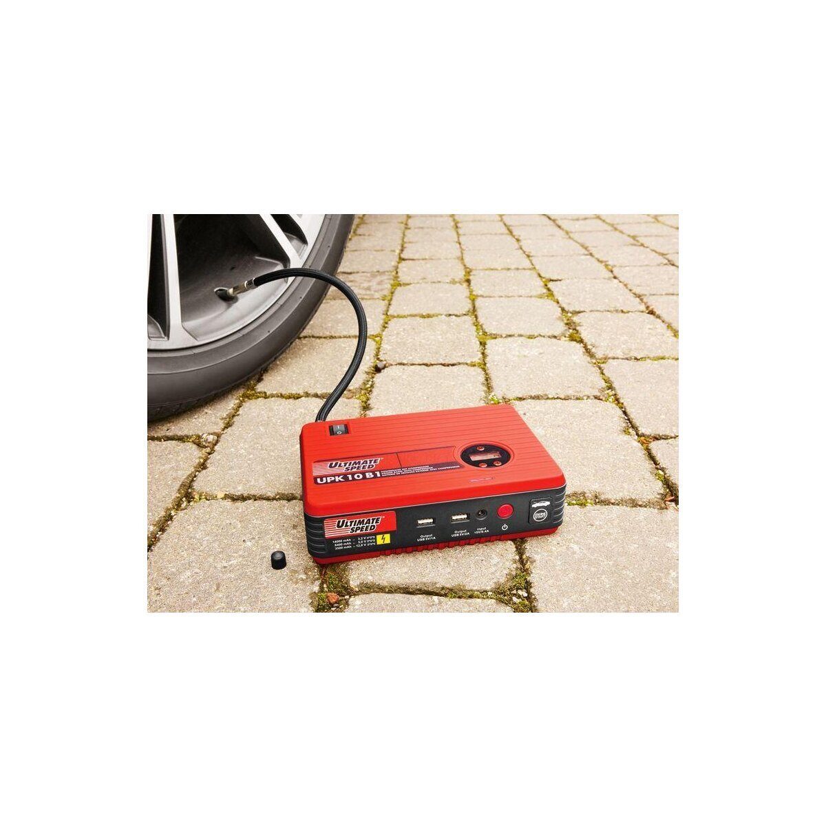 Power bank car jump starter with compressor air attachments and flashlight SOS kit