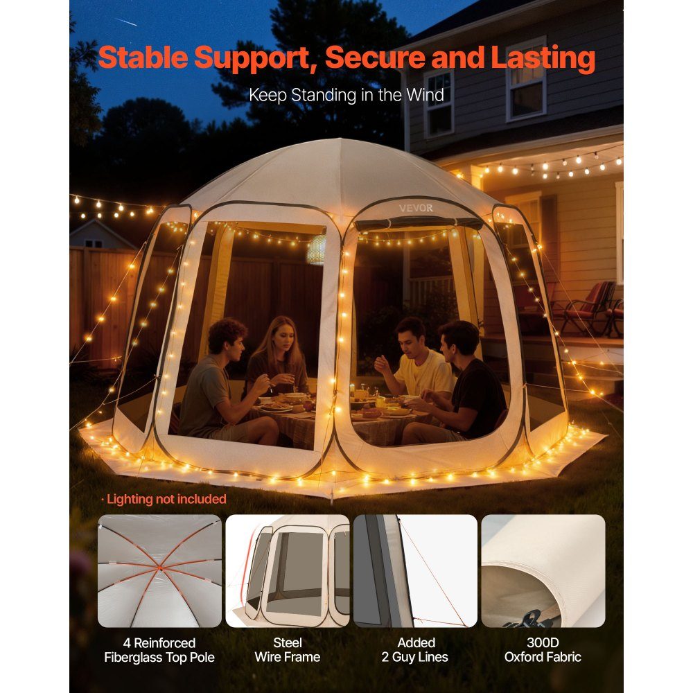 Pop Up Tent 144" x 134" Portable Camping Tent for 10-12 People with Net, Carry Bag, Side Walls and Pegs for Garden, Patio and Outdoor Activities, Beige