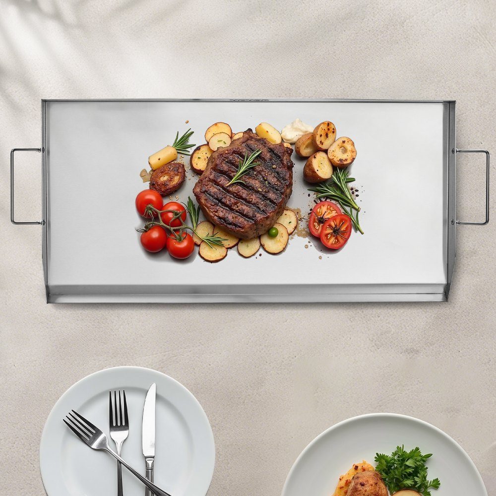 Plaque de gril Poêle à griller Plaque rectangulaire universelle en acier inoxydable (809x370 mm) avec dessus plat, plaque de gril à gaz pour barbecue Teppanyaki, batterie de cuisine familiale portable avec poignée