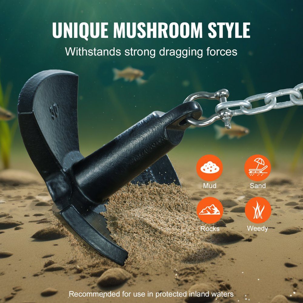 River Anchor Cast Iron Boat Anchor with Black Vinyl Coating 30 lbs, Marine Grade Mushroom Anchor for Boats up to 30 Feet, Impressive Holding Power in Mud Bottom Rivers and Lakes