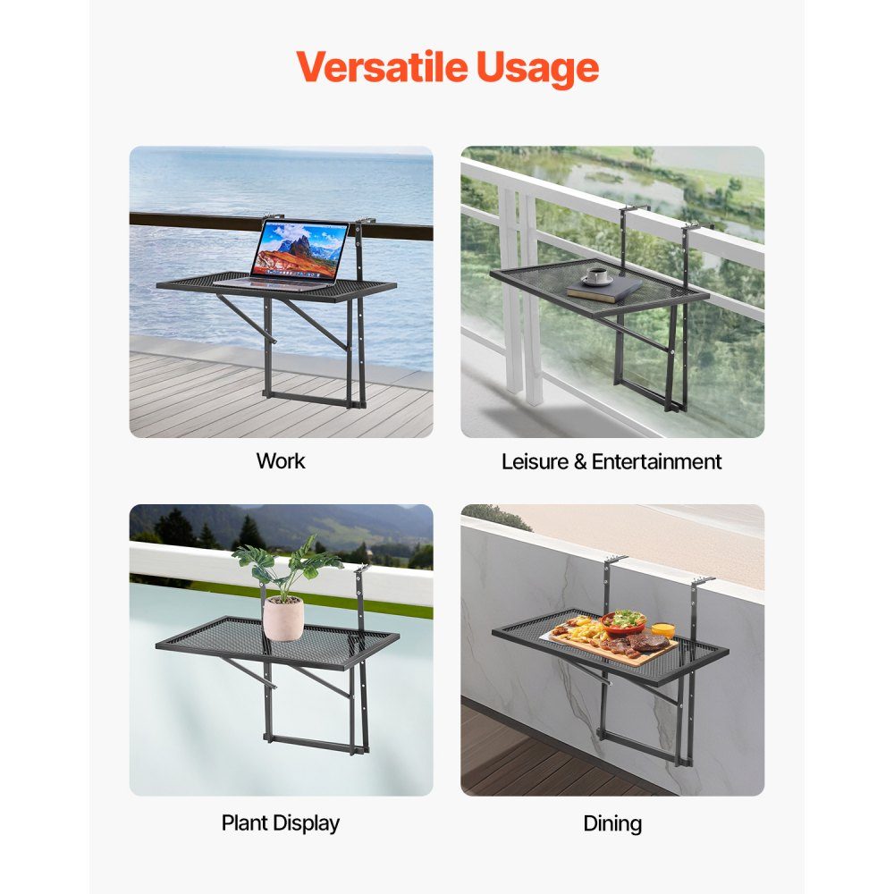 Balkontisch, 61 x 41 cm, klappbarer Metall-Balkon-Hängetisch, Klapptisch für Außengeländer, 5-stufig verstellbar, passend für Geländer von 2,5 bis 11,9 cm, Serviertisch für Terrasse und Terrasse