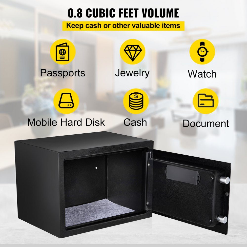 Safe 0.0227 m³, furniture safe 10kg load capacity, wall safe black dustproof with fingerprint code digital keyboard key 4 locking systems security safe apartment hotel office