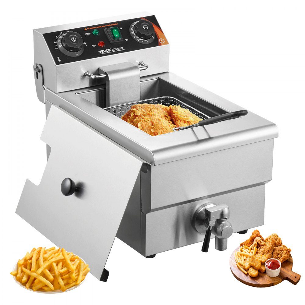 Kommerzielle Fritteuse, 1500 W elektrische Fritteuse mit Korb, 9 l Edelstahl-Fritteuse mit Zeit- und Temperaturregelung, Überhitzungsschutz, Fritteuse für Küche, Restaurant, Café, Bar
