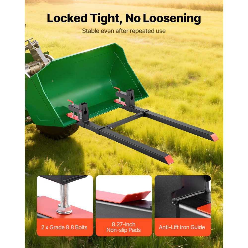 Fourches à palettes, porte-fourche à clipser 907 kg, longueur totale 1490 mm, fourches avec barre stabilisatrice réglable pour accessoires de tracteur, godet de chargeur et chargeuse compacte, noir – Réf. HT-22950