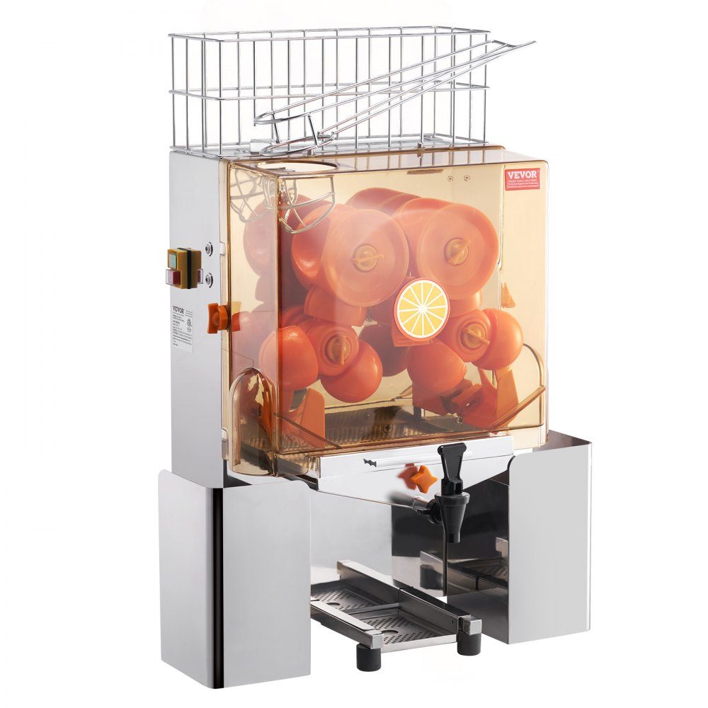 Kommerzielle Orangenpresse, halbautomatische 120-W-Entsafter, Edelstahl-Orangenpresse für 20 Orangen pro Minute, mit Wasserhahn und PC-Abdeckung, kommerzielle Zitruspresse, elektrische Zitruspresse