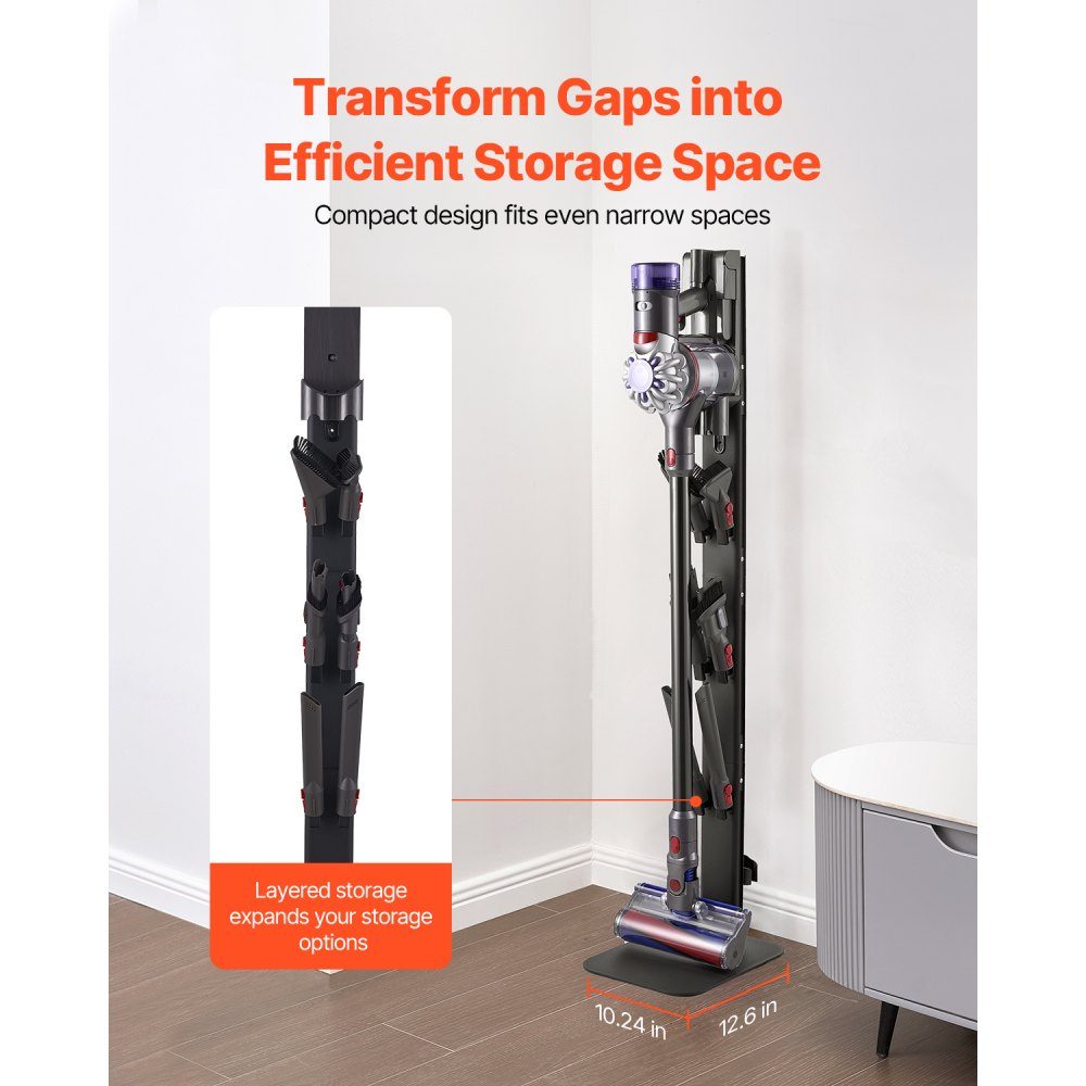 Stofzuigerstandaard 32 x 26 x 126 cm, compatibel met steelstofzuigers en accessoires uit de Dyson G5 V15 V12 V11 V10 V8 V7 V6-serie, vloerstandaard, houder met 6 haken en antislipvoetkussens, zwart