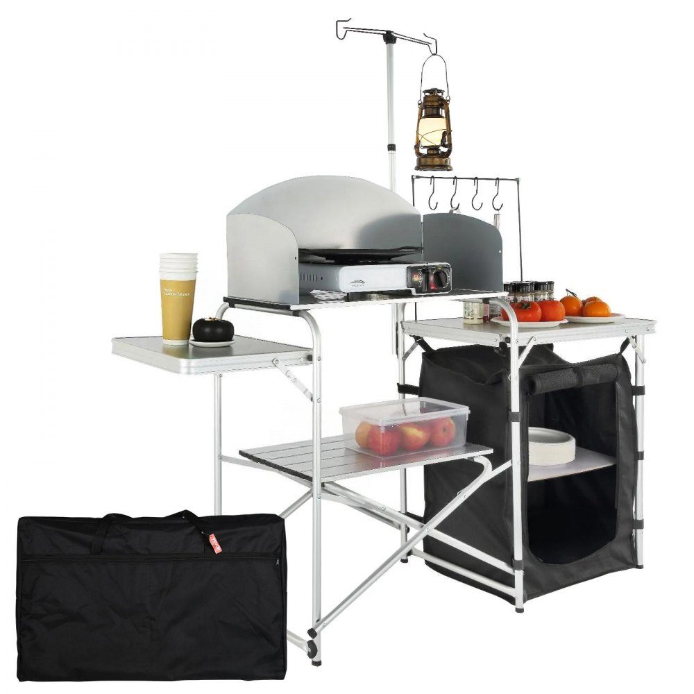 Cuisine de camping d'extérieur pliable 78 x 49 x 13 cm, armoire de camping en aluminium, cuisine de camping avec protection contre le vent, meubles de camping, cuisine de voyage incl. crochets et poteau de lampe 66-121 cm, placard de cuisine, table de cam