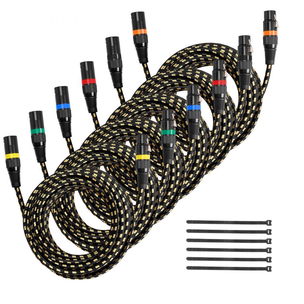 XLR-Kabel, 7,6 m, 6 Stück, abgeschirmte, symmetrische DMX-Mikrofonkabel (Stecker auf Buchse), vergoldete 3-polige XLR-Mikrofon-Lautsprecherkabel für Bühnenbeleuchtung, Mikrofone, Verstärker