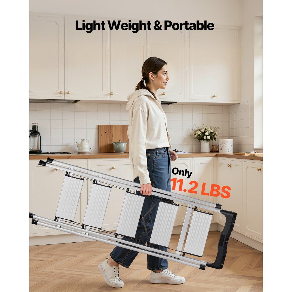 Step Ladder 5 Steps, Folding Ladder with Anti-Slip Steps & Comfortable Handle, Household Ladder Load Capacity 150kg, Aluminum Safety Ladder for Kitchen, Warehouse, Home & Office, Silver
