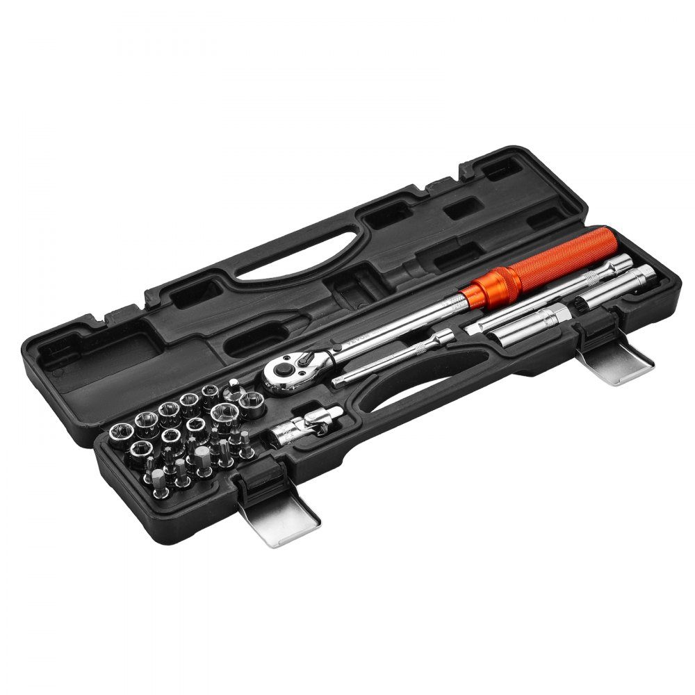 Click Torque Wrench, 3/8" Drive 5-60Nm Two Way Torque Wrench with Sockets, Extension and Drill, 72 Teeth ± 3% High Precision Alloy Steel for Car Repair