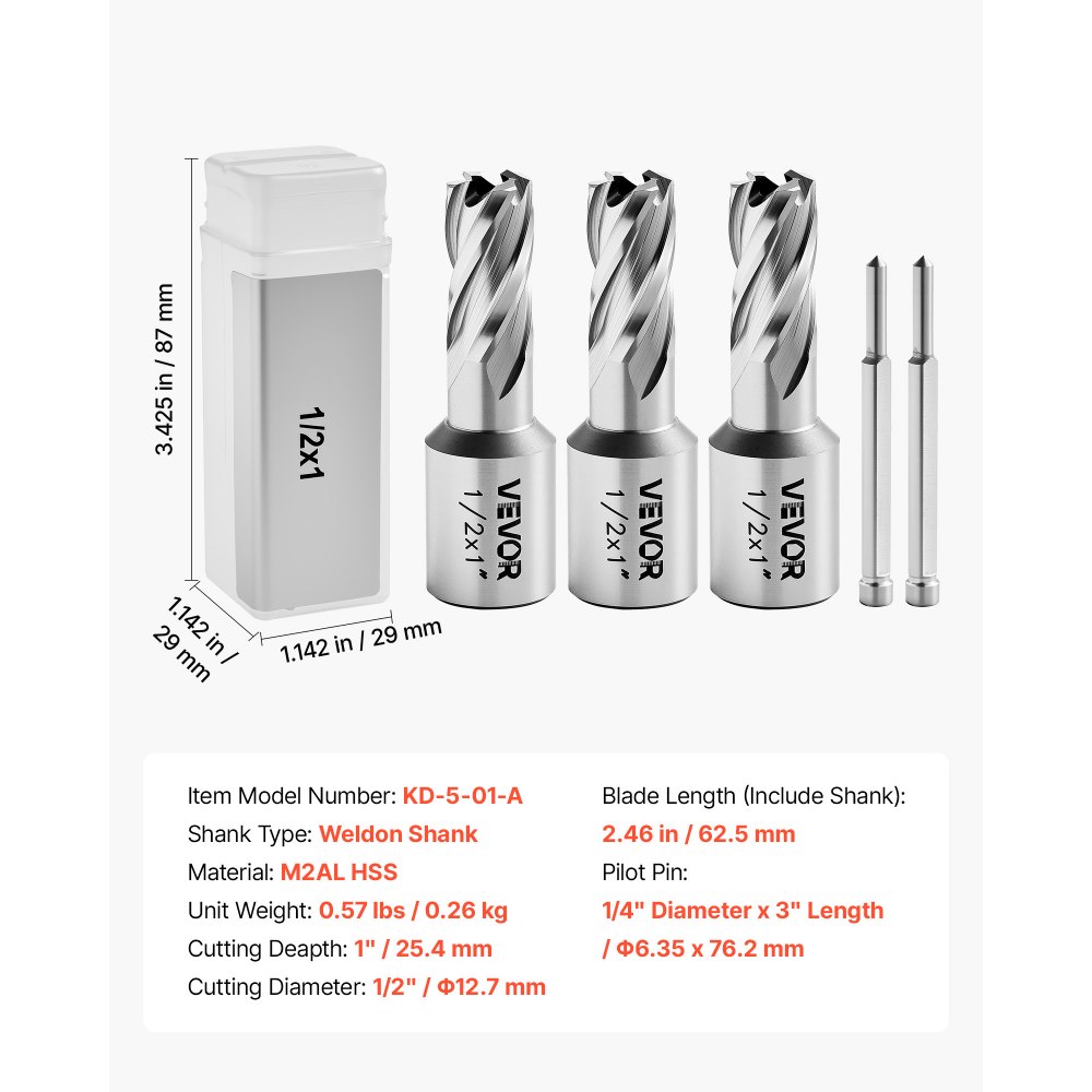Carottier HSS tige Weldon 5 pcs. Perceuse magnétique diamètre de coupe 25,4 mm, 3 forets avec 2 goupilles de centrage, profondeur de coupe 25,4 mm, 3 coffrets plastique pour perceuses magnétiques, acier, aluminium