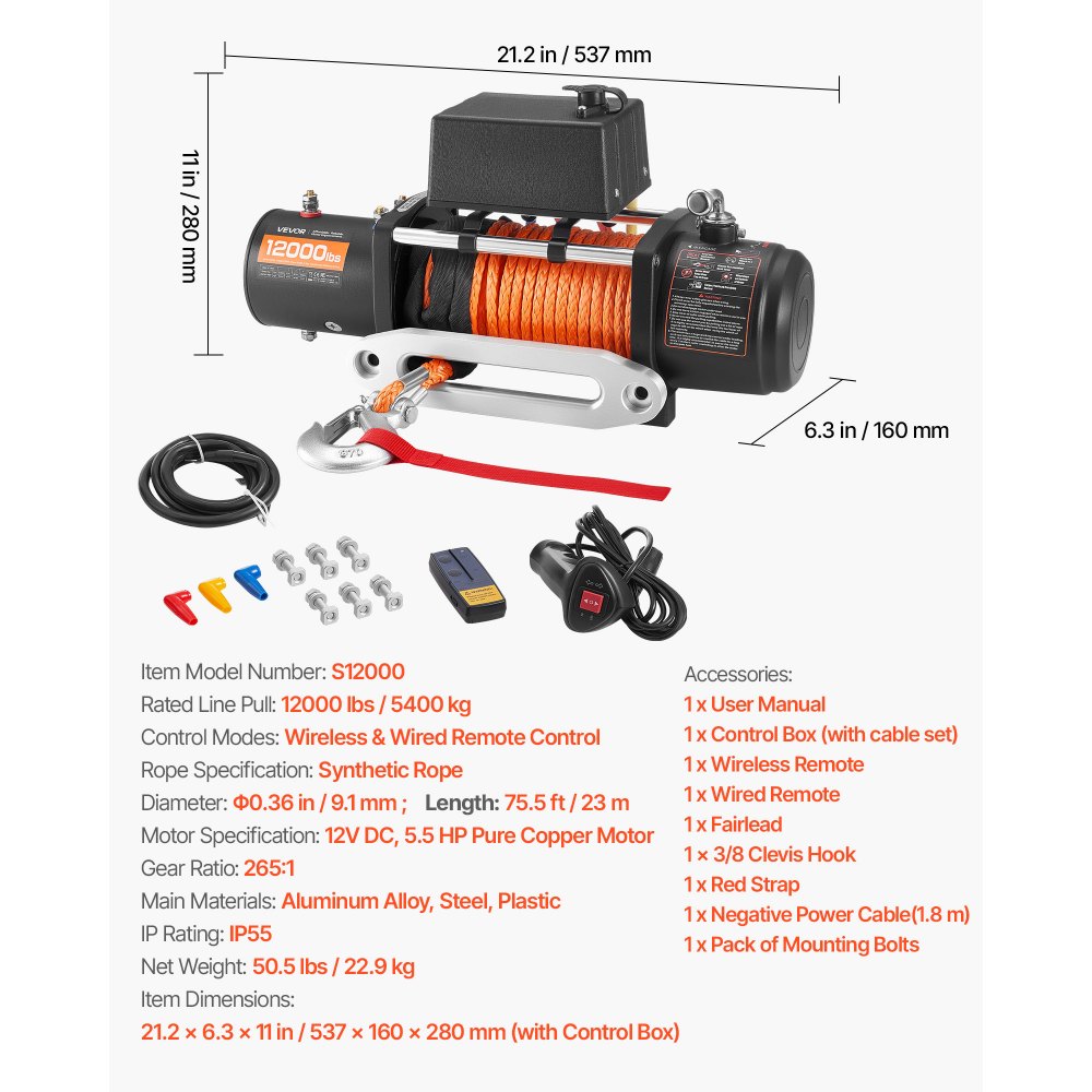 Elektrische Winde, 5400 kg, 12 V DC LKW-Winde mit Φ9,1 mm x 23 m synthetischem Seil, kabellose und kabelgebundene Fernbedienung, IP55 zum Ziehen von SUVs, Jeeps, Anhängern und Booten Elektrische Winde, 5400 kg, 12 V DC LKW-Winde mit Φ9,1 mm x 23 m synthetischem Seil, kabellose und kabelgebundene Fernbedienung, IP55 zum Ziehen von SUVs, Jeeps, Anhängern und Booten