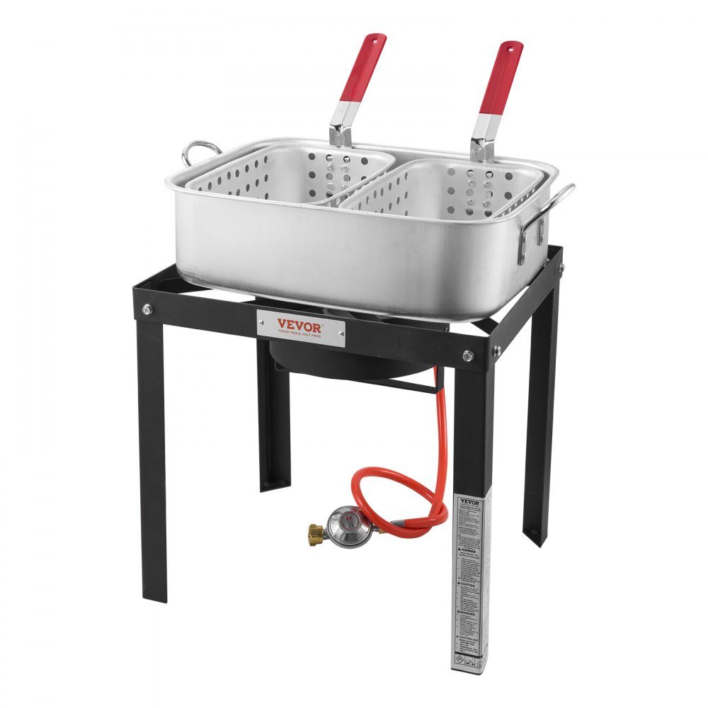 Fischfritteuse, Flügelfritteuse, Propan-Fischfritteusen-Set, 13,27 l Aluminium-Meeresfrüchtetopf für den Außenbereich mit Thermometer, Siebkorb und 58000 BTU-Propanbrennern zum Kochen im Freien
