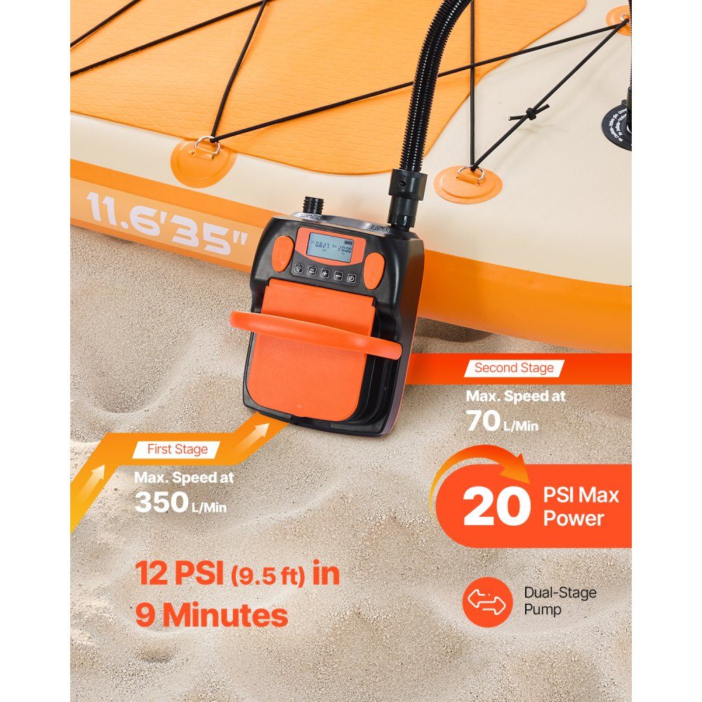 Paddleboard Pump (20 PSI) with USB Output, Two-Stage Electric SUP Air Pump with Auto Shut-Off and LED Light, Inflate and Deflate 12V DC, Ideal for Inflatable Boat Mattresses