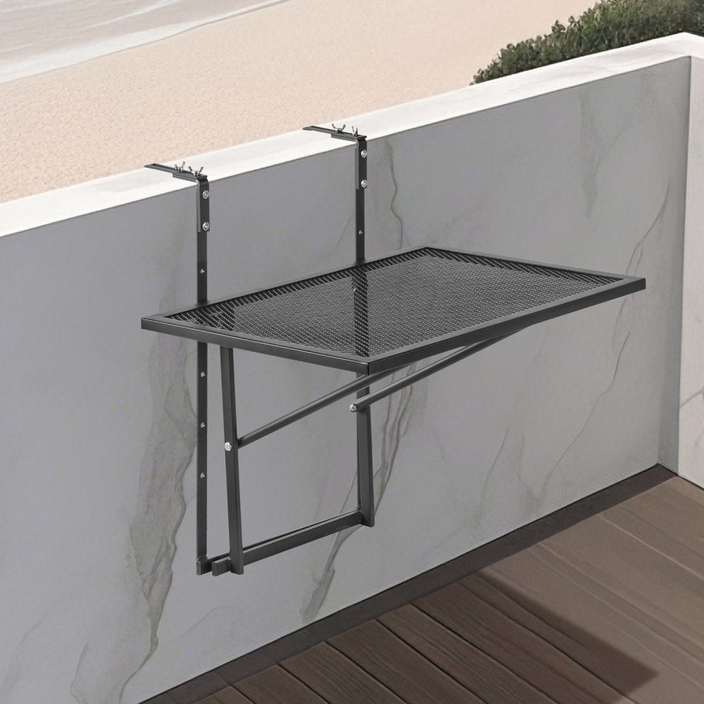 Balkontisch, 61 x 41 cm, klappbarer Metall-Balkon-Hängetisch, Klapptisch für Außengeländer, 5-stufig verstellbar, passend für Geländer von 2,5 bis 11,9 cm, Serviertisch für Terrasse und Terrasse