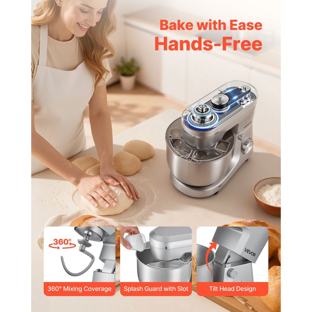 Knetmaschine Küchenmaschine zum Backen, 1500-W-Teigmaschine mit Edelstahlschüssel (5,7 l) & Knethaken & Rührbesen & Schneebesen, 10-Gang-verstellbarer Kippmixer Standmixer