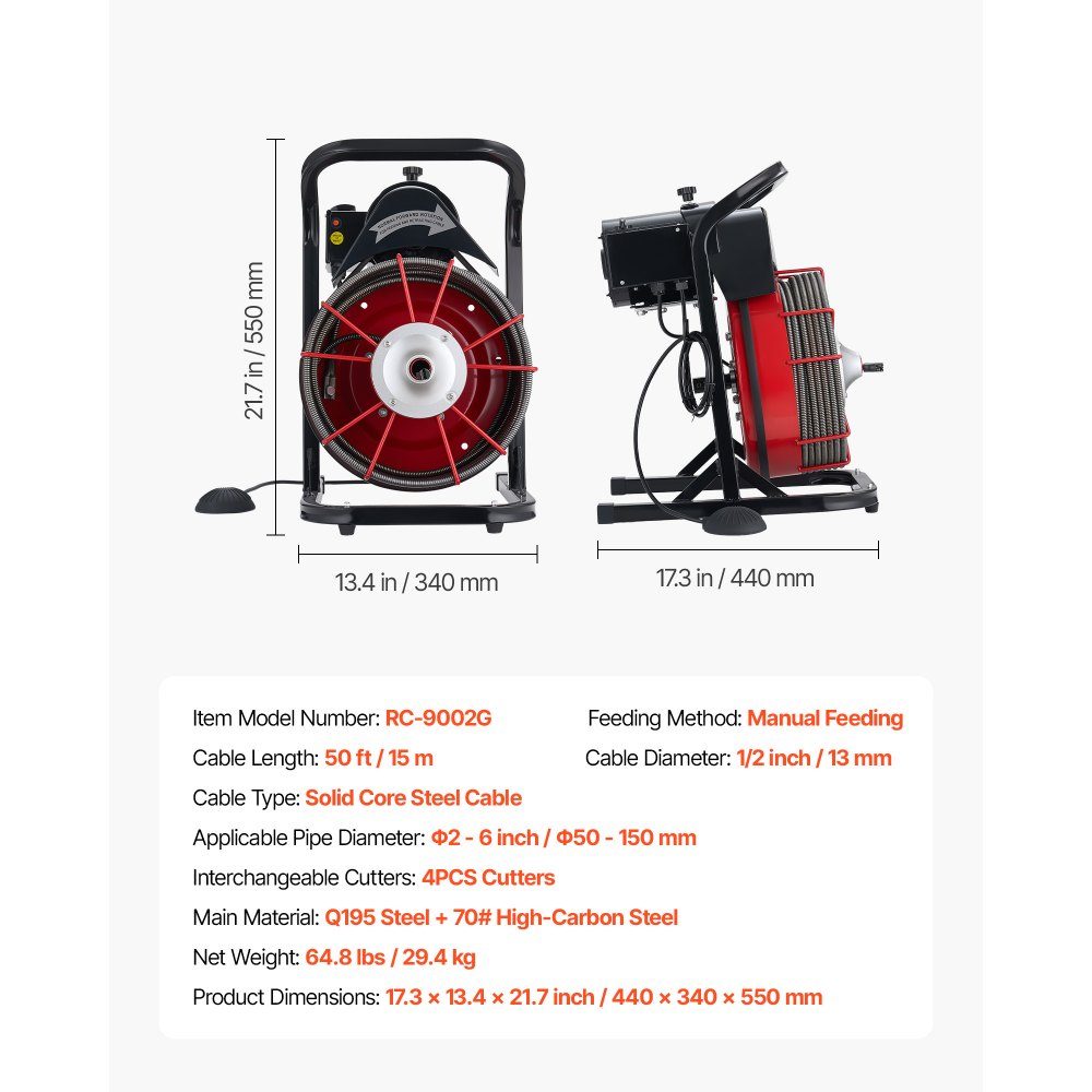 Pipe cleaning machine φ13 mm x 15 m, cleaning spiral with hand feed, 4 cutting knives & pneumatic foot switch, pipe cleaner for pipes from 50 mm to 150 mm, pipe cleaning device