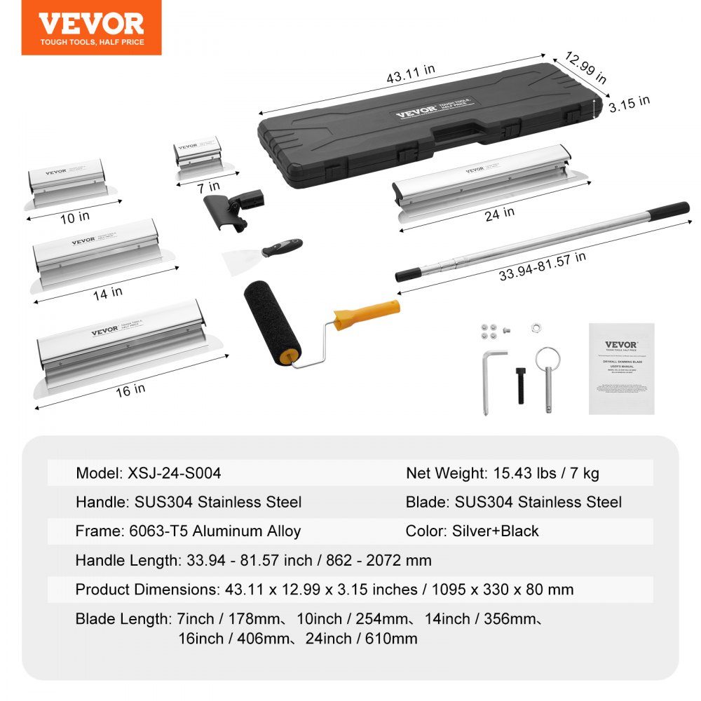 Ensemble de lames de spatule pour cloisons sèches, lames de spatule 178/254/356/406/610 mm + barre de poignée d'extension 862-2072 mm, couteau en acier inoxydable, outils de spatule pour plaques de plâtre/plaques murales/plaques de plâtre