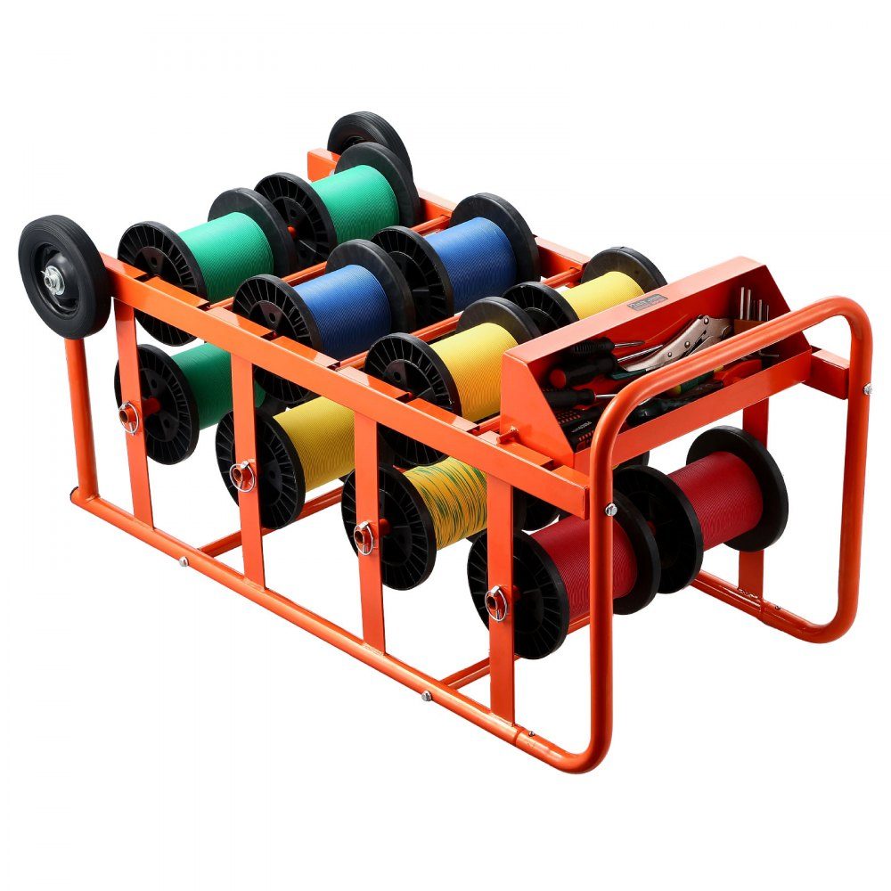Wire Spool Holder 440 x 385 x 970mm 11 Cross Bars Rolling Cable Spool Dispenser Freestanding Cable Stand with Storage Compartment 136kg Capacity for Electrical Industrial Retail