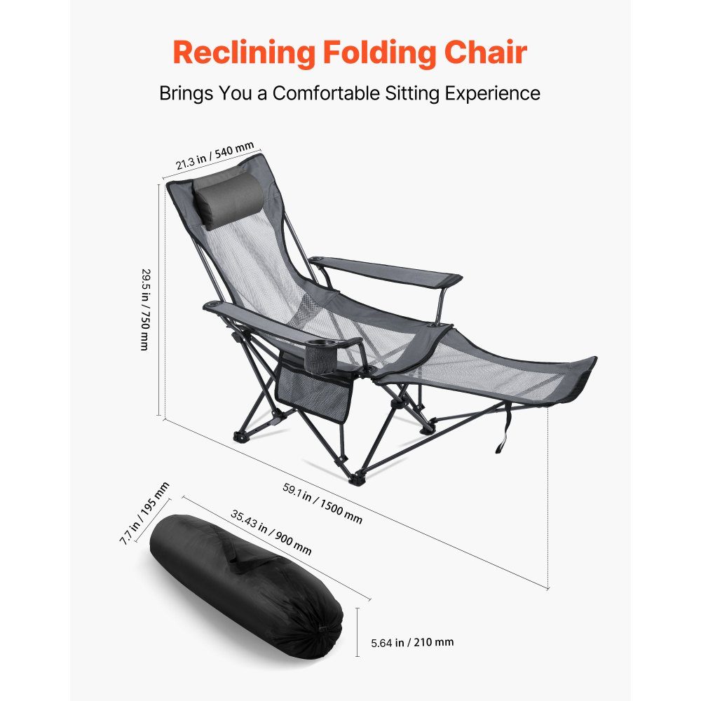 Folding Camping Chair, Deck Chair with 4 Adjustable Positions, Relaxation Chair Lounger with Cup Holder, Mesh Beach Chair with Headrest & Footrest, Load Capacity 100kg, for Outdoor Camping, Gray