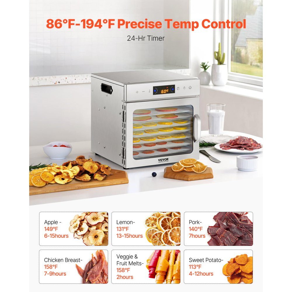 Dörrgerät Dörrgerät 8 Edelstahlschüsseln, 400 W elektrischer Lebensmitteltrockner mit einstellbarer Temperatur, Gefriertrockner für getrocknetes Fleisch, Fleisch, Obst, Gemüse, Kräuter, Hundeleckerlis