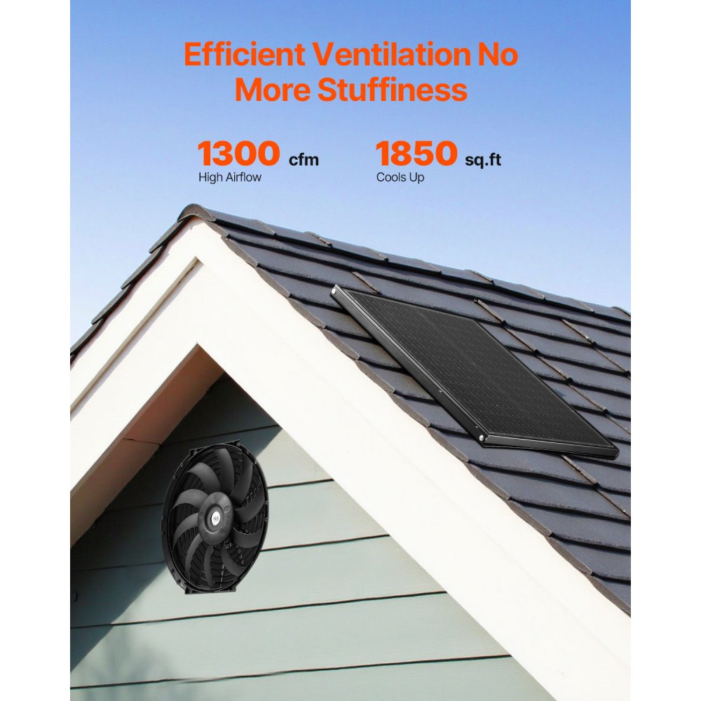 Zonneventilator, ventilatie, ventilator, Φ340x70mm, zolderafzuigventilator met verstelbare thermostaat, buitengrille, 1300 CFM luchtstroomcapaciteit, voor gevel, dak, garage, werkplaats
