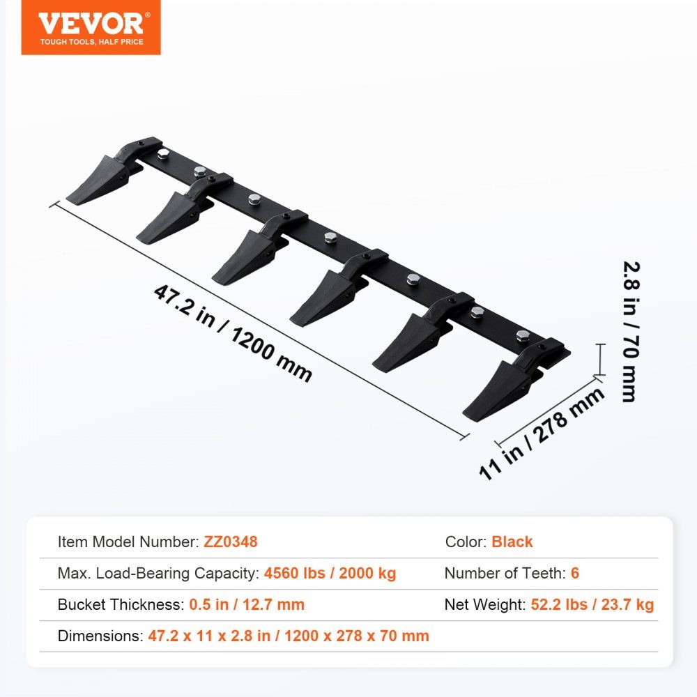 Schopstandaard, 120 cm zware tractorschep, 6 tandrail voor lader, tractor, schranklader, laadvermogen 2000 kg, vastgeschroefd ontwerp voor efficiënte gronduitgraving en schepbescherming – Artikelnr. HT-22919