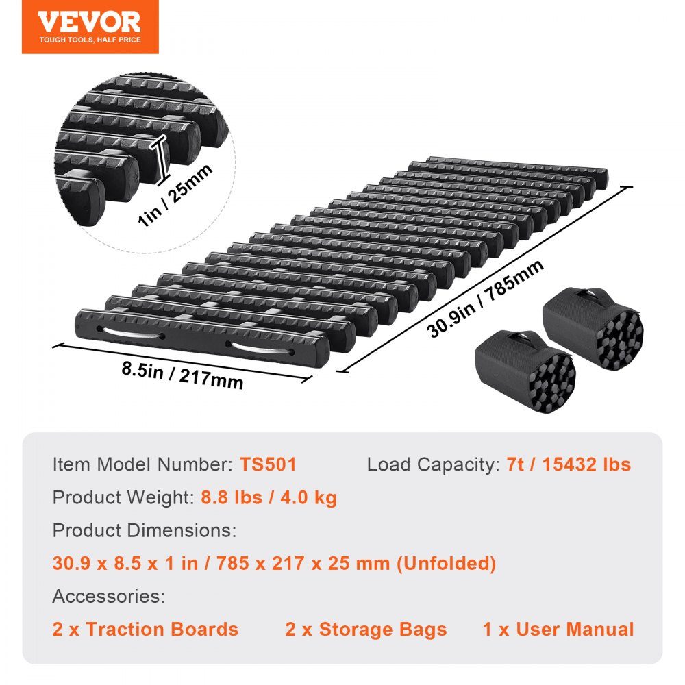 7 TON Traktionsbretter mit TPR-Material, Bergungsbretter für Geländefahrzeuge/Autos/Pickups/SUVs/Wohnmobile, Paar Reifen-Traktionsmatten auf Schnee, Sand, Schlamm und losem Boden, Aufbewahrungstaschen, kurz, schwarz