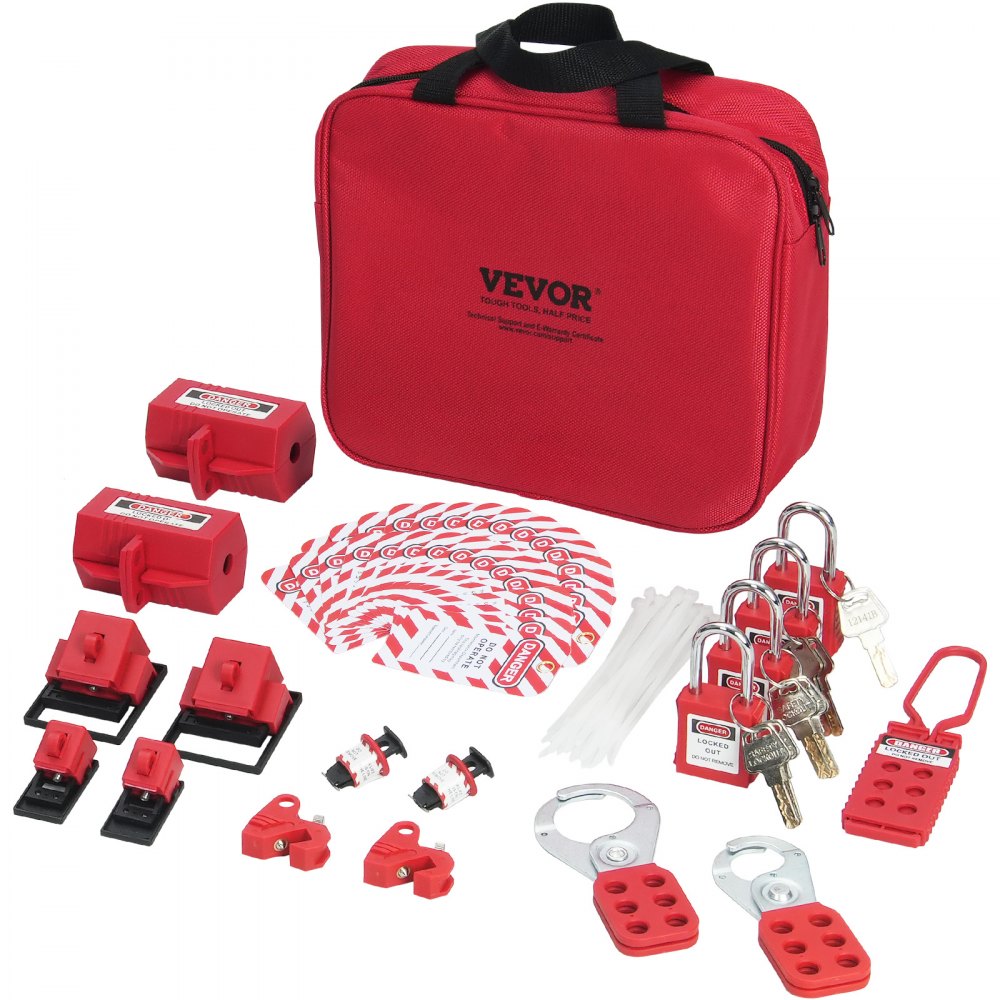 Elektrische vergrendeling Tagout-set, 47-delige Loto-beveiligingsset met hangsloten, grendels, tags, nylon riemen, stekkervergrendelingen, stroomonderbrekervergrendelingen en draagtas