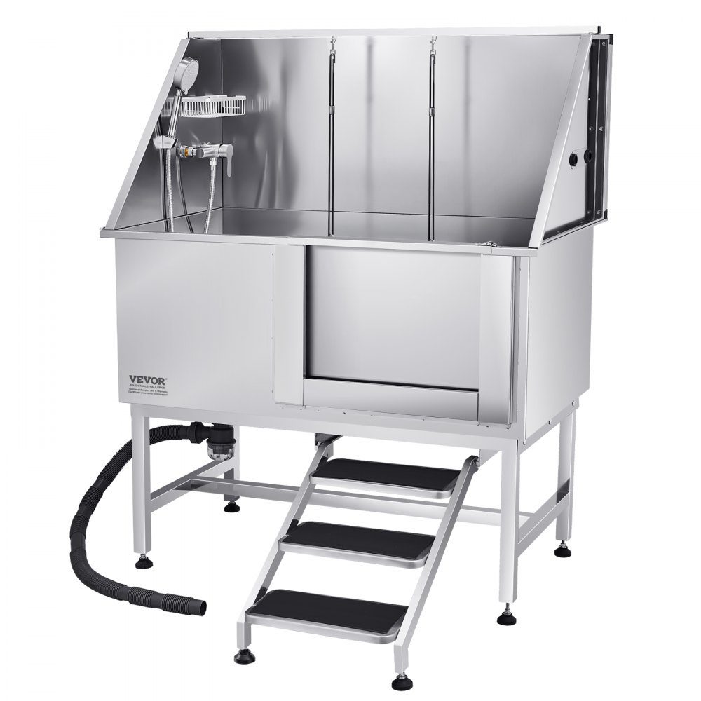 Station de lavage pour chien en acier inoxydable, baignoire de toilettage pour animaux de compagnie, 1270 x 700 x 1545 mm, avec escalier, plaque de filtre à eau en PE, robinet, pomme de douche et porte-savon pour animaux de grande, moyenne et petite taill