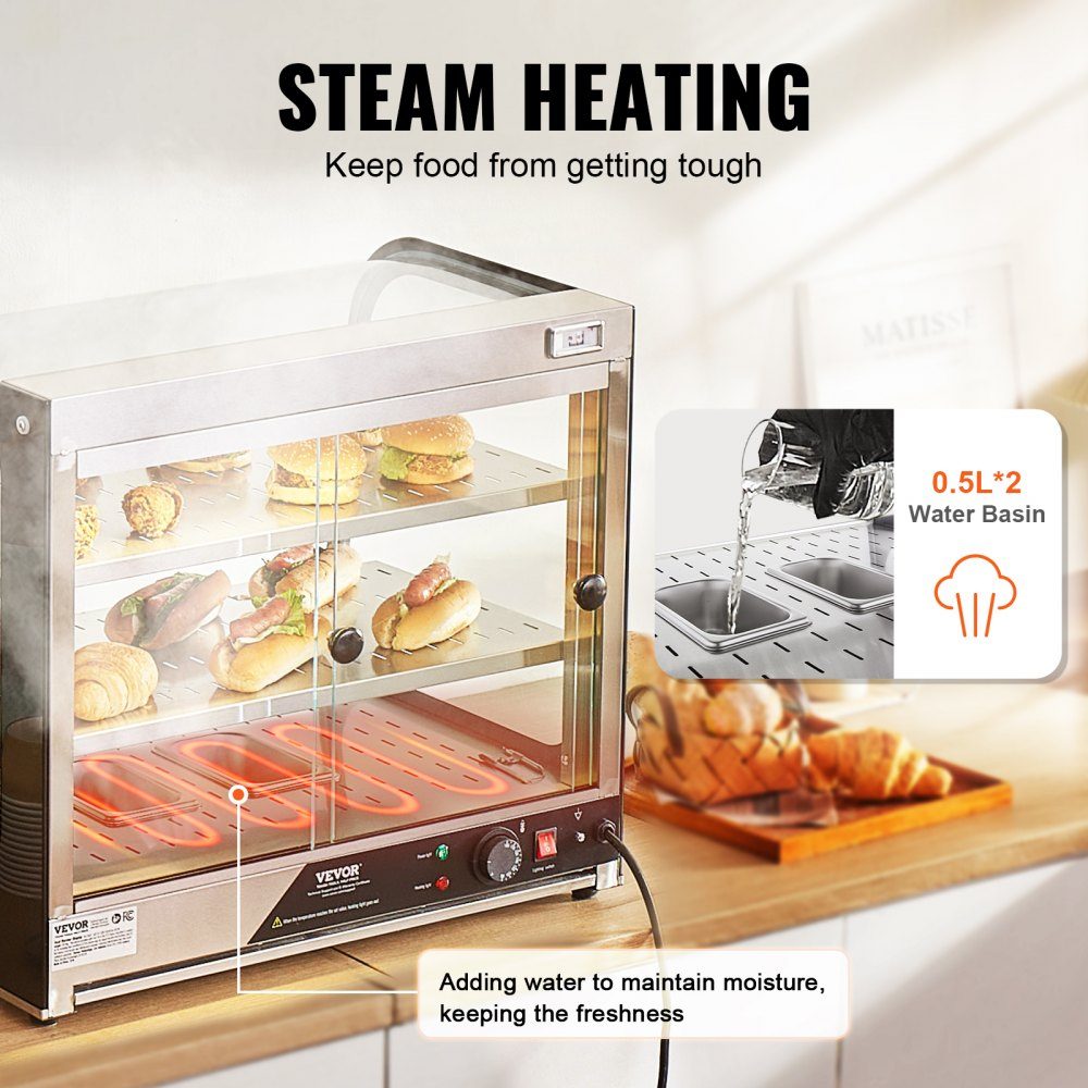 2 Stage Commercial Food Warmer, 850W Food Warmer with Tempered Glass and Steam Heater, Temperature Control from 30°C to 85°C, 111L Large Capacity for Hamburger, Pizza, Bread, Chicken