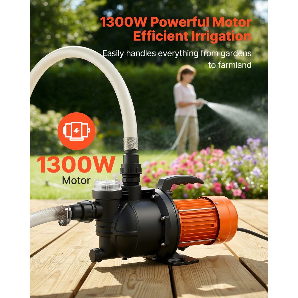 Gartenpumpe, 1300 W, 230 V, max. Förderleistung 4800 L/h, PP-Bewässerungspumpe mit 48 m Förderhöhe, Überhitzungsschutz, europäische Spannungsnormen, für Gartenbewässerung & Bewässerung