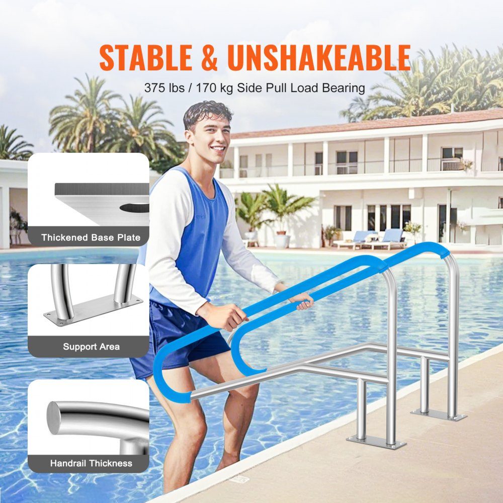 Pool Handrail 1379 x 925 x 100mm Stainless Steel Pool Entry with Base Plate for Indoor/Outdoor Pools, Swimming Pool Safety Railing, Rustproof Grab Bar with Handle Cover and Spa Accessories