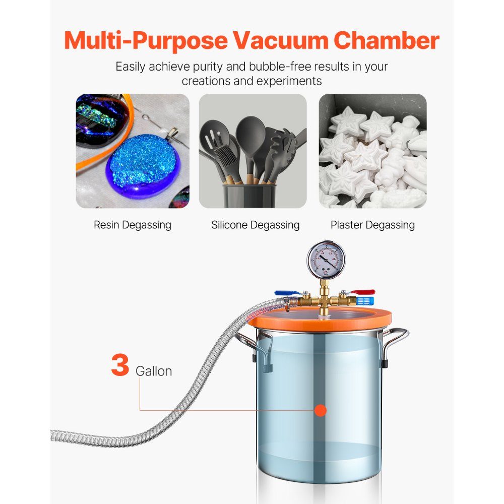 Vacuümkamer van 11,36 liter en pomp van 3,5 CFM, roestvrijstalen kamer, eentraps vacuümpomp-ontgassingkamerset, met acryldeksel, olie, 1,5 m slang, vacuümpompset voor het ontgassen van hars Siliconen epoxyharsen