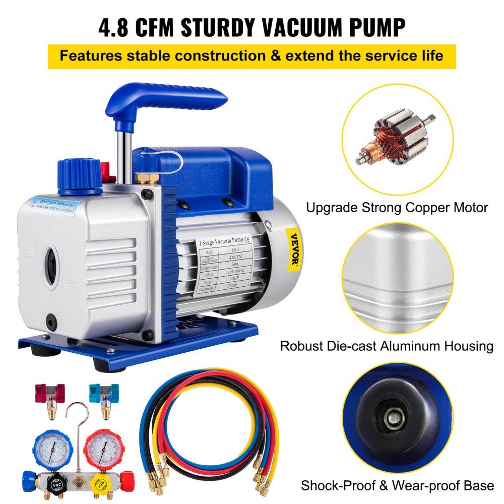 AC-Vakuumpumpe, Vakuumpumpen-Set, 4,8 CFM, 5 PA, 0–800 PSI, HVAC mit Koffer