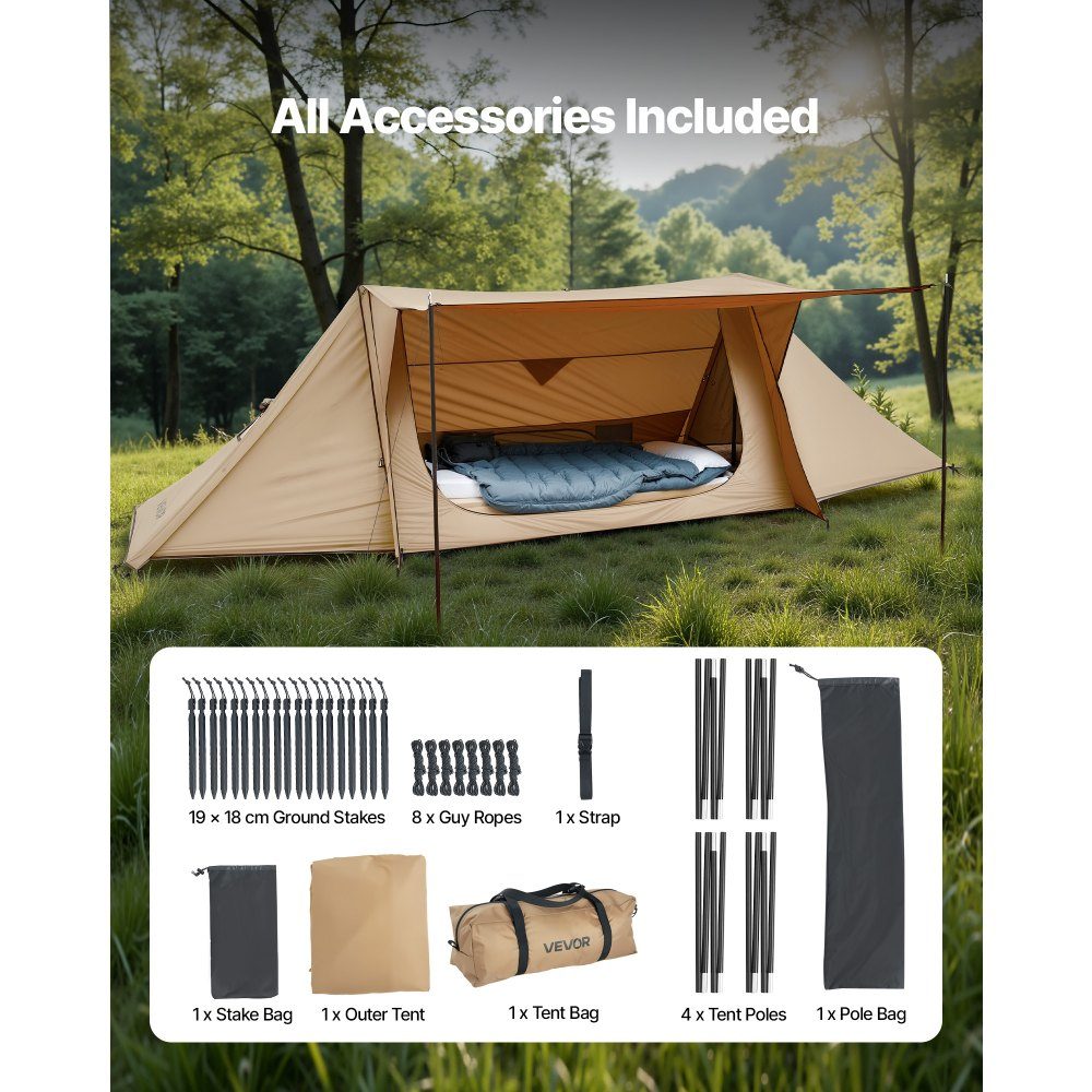 Tente de camping, tente Bushcraft légère avec ouverture de poêle et 2 poteaux de bâche, tentes d'hiver, tentes portables 4 saisons pour 2 personnes pour la randonnée, la pêche, la chasse et la randonnée