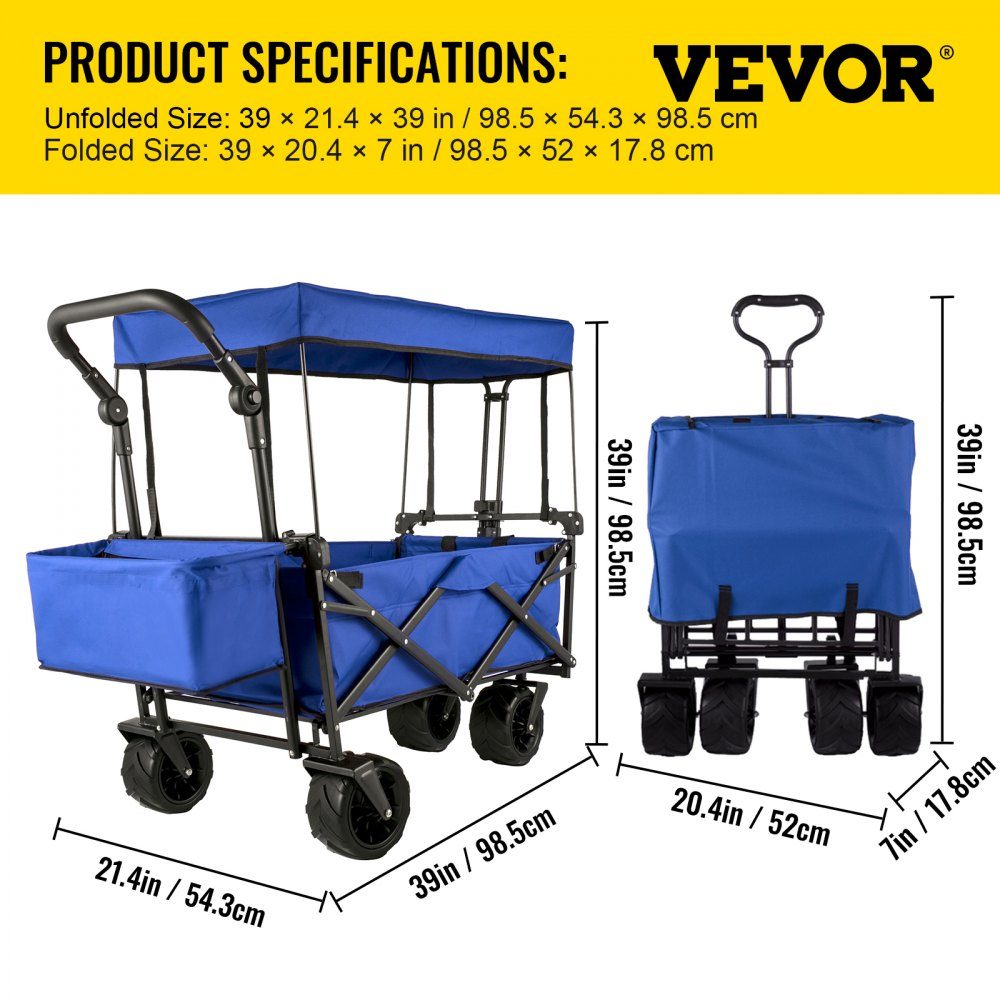 Bollerwagen klappbar 92,7 x 54,3 x 98,5 cm, Bollerwagen klappbar 100 kg, blaues Bollerwagendach, Luftreifen 600D Oxford Polyester, klappbarer Bollerwagen mit 2 Klettbändern, für Outdoor-Aktivitäten