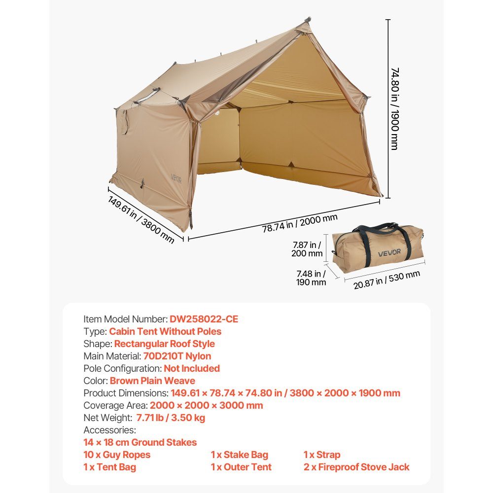 Camping tent, 2 person cabin tent with stove connection, waterproof winter tents with ventilation, lightweight and portable 4 season tents for hiking, fishing, hunting and backpacking